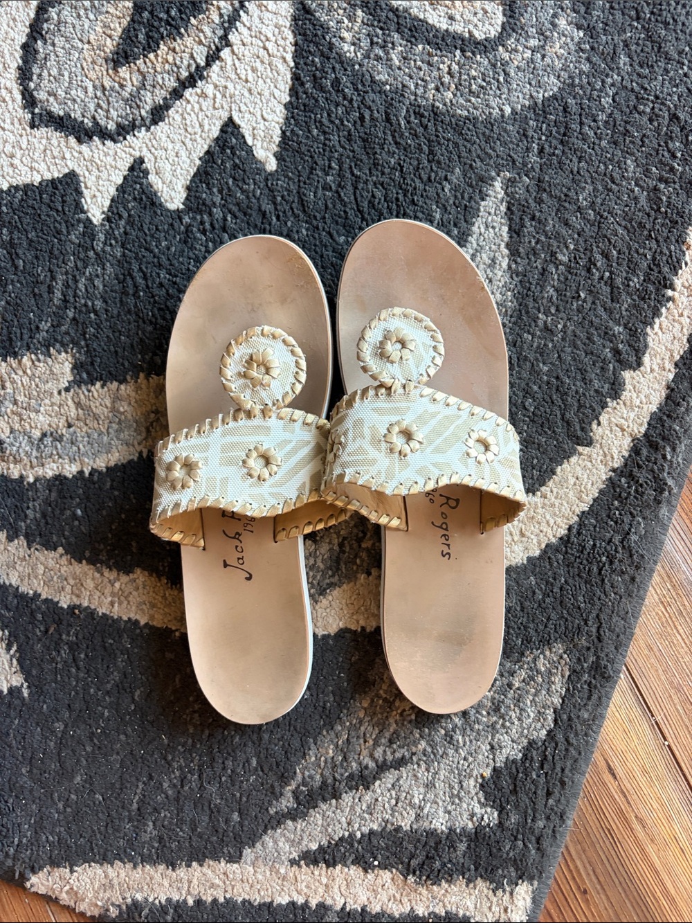 Jack Rogers Cream Leather Rosette Slide Sandals